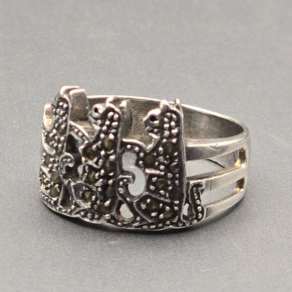 VTG Sterling Silver HAN Marcasite Cat Trio Ring Size 8 Whimsical Feline Design - Picture 2 of 11